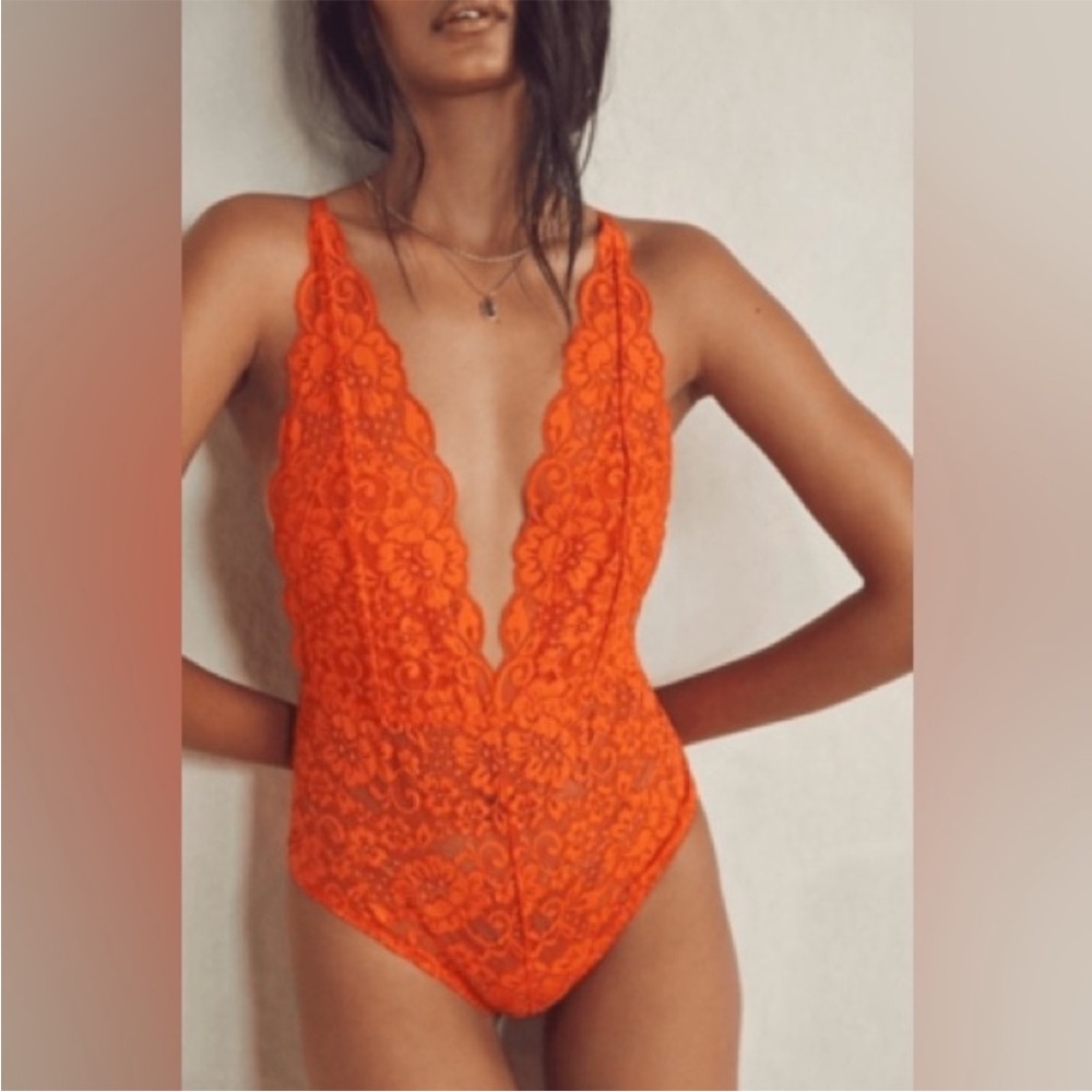 Free People Orange Lace Deep V Bodysuit